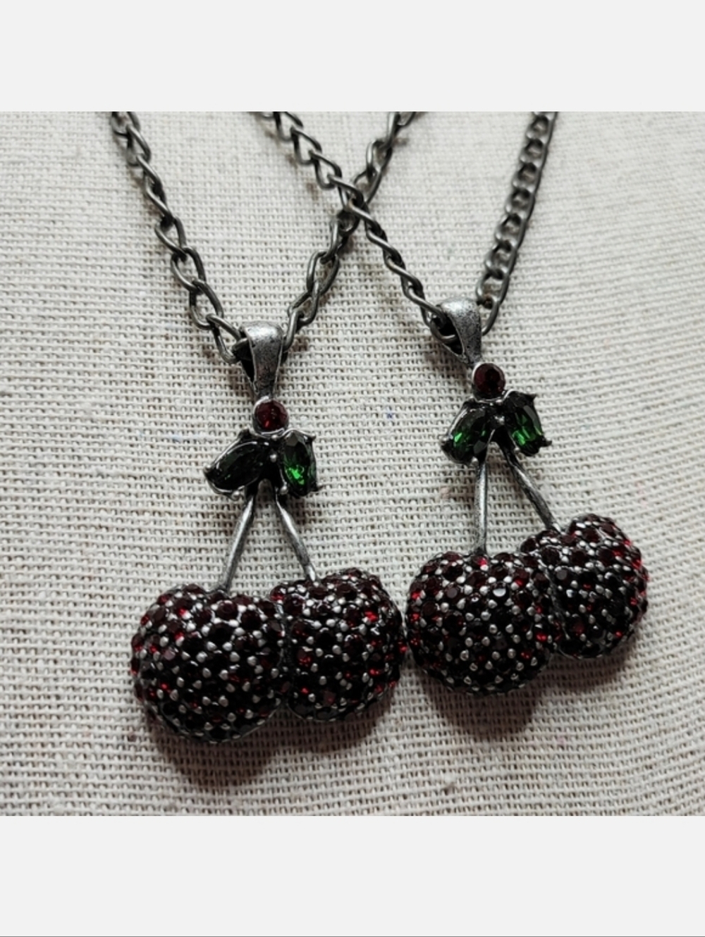 Two Swarovski Red & Emerald Crystals Cherry Cherries Rock-A-Billy Necklaces NEW
